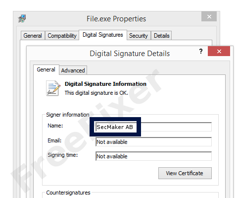 Screenshot of the SecMaker AB certificate